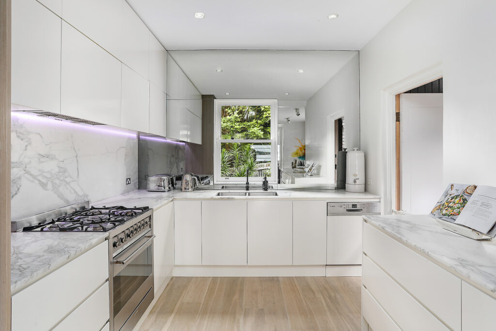 rose bay kitchen in white and marble